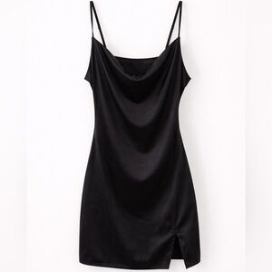Black Satin Cowl Neck Mini Slip Dress Side Slit